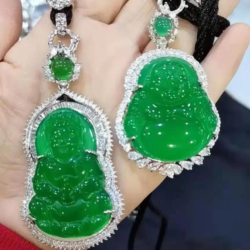 

Natural Green Jade Buddha Pendant Necklace Men Women Feng Shui Charms Guanyin Amulet Jades Necklaces 925 Silver Jadeite Jewelry