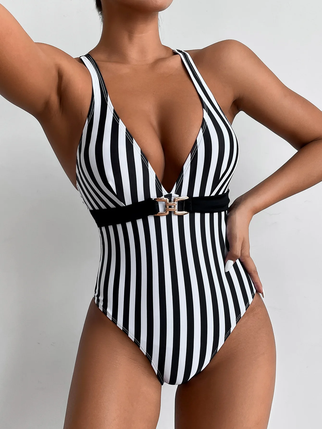 

Summer New Black And White Stripe One-piece Swimsuit Fashion Sexy Backless V-neck Bikini Bikini 2022