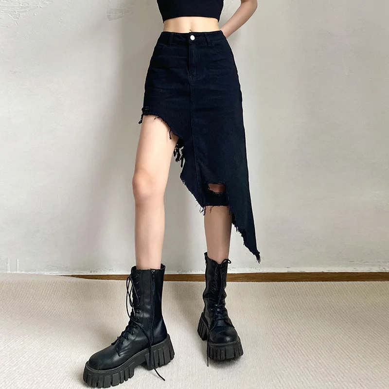 

Women Solid Black Denim Skirts Summer High Waist Irregularity Hole OL Jeans Skirts Y2K Clothes Jupe Longue Femme Ropa Mujer