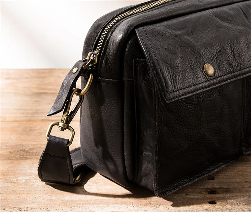 Fashion casual designer natural real leather men black small square bag daily outdoor work multi-pocket shoulder crossbody bag