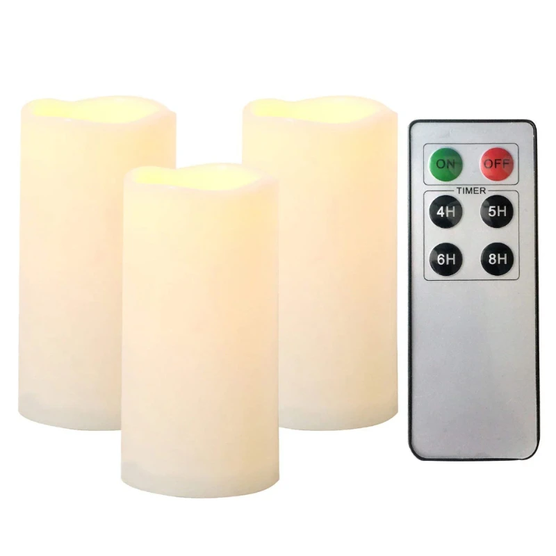 

Set of 3 Outdoor Indoor Pillar Flameless LED Battery Operated Candles with Remote and Timer Long Lasting Waterproof Realistic F