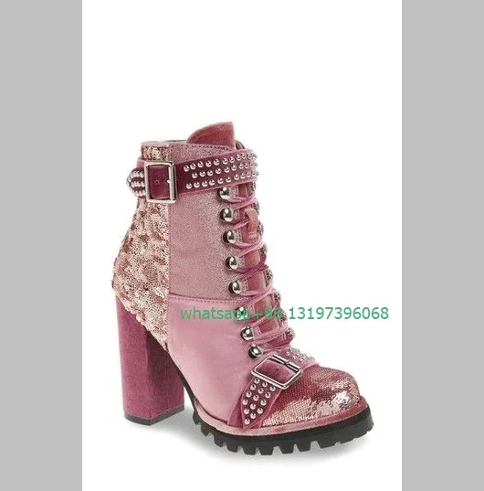 Женские розовые блестящие Дизайнерские ботильоны с блестками, металлические ботинки в стиле рок rievt, панк, ковбойские ботинки на ремешке с пряжкой, Новое поступление, ботинки размера