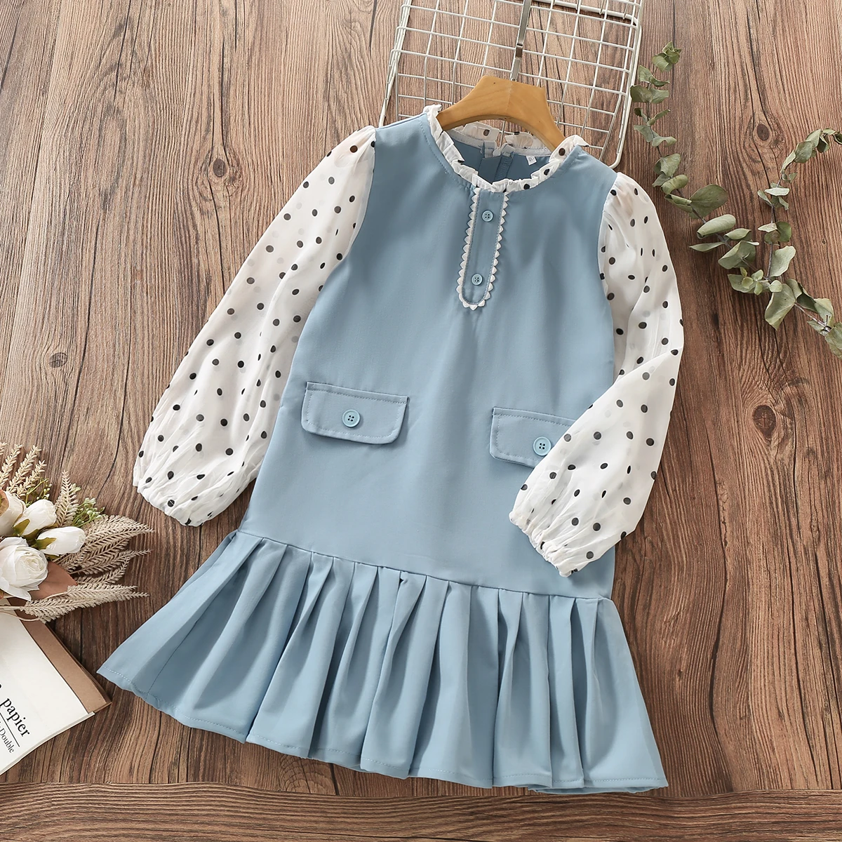 

Girls Dress for Kids Costume Patchwork Dot Spring Preppy Long Sleeve Teenagers School Children Clothes Vestidos 8 10 12 14 Years