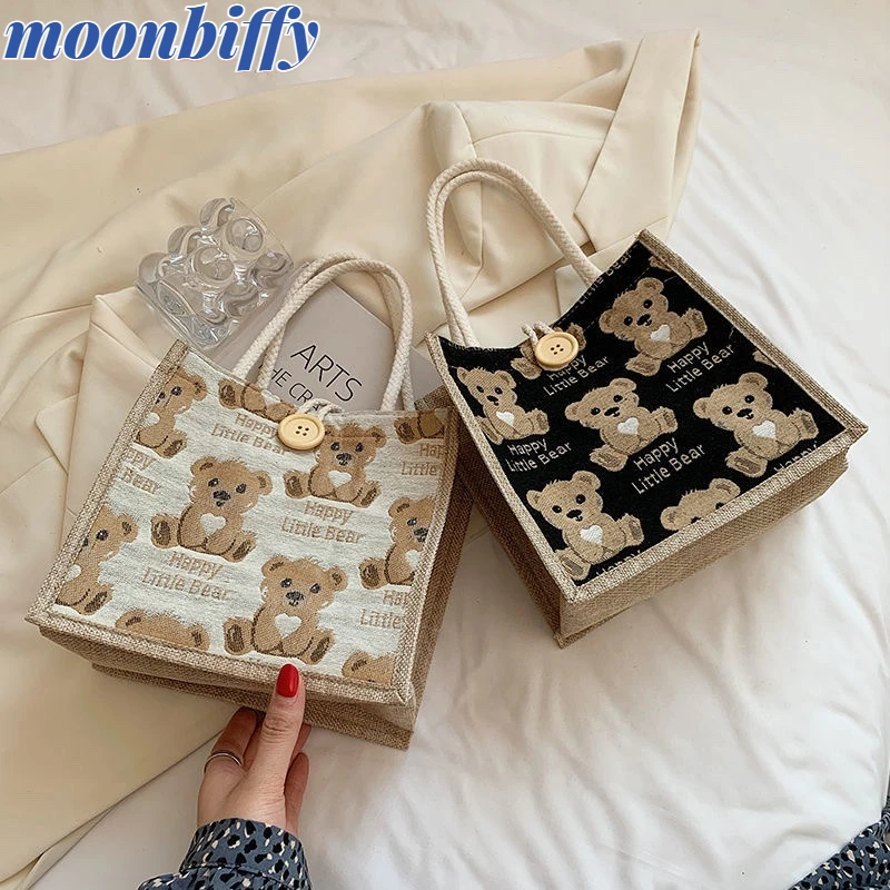 

Women Cute Bear Pattern Shoulder Bag Flax Girl Student Handbag Mini Outdoor Handbag Casual Lunch Bag Underarm baby stroller bag
