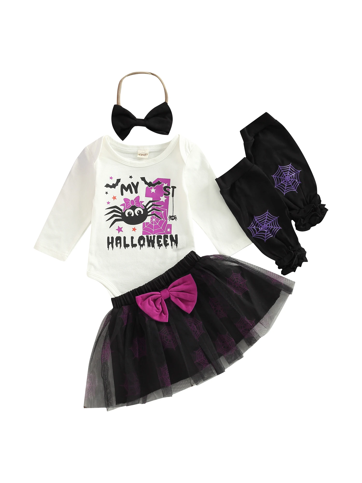 

Baby Girl 4PCS Skirts Outfits Halloween Christmas Letter Romper Tutu Skirt Headband Legging Warmer Clothes Set