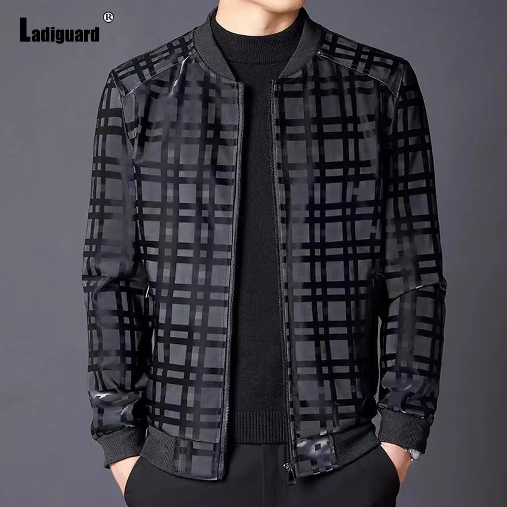 

Ladiguard 2022 European Fashion Plaid Jackets Men Long Sleeves Outdoor Casual Stand Pocket Tops Outerwear Sexy Zipper Coats