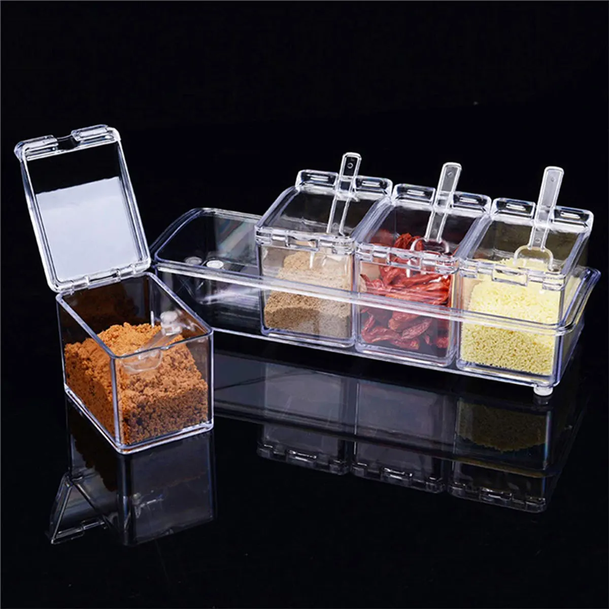 

4 Grid Transparent Seasoning Organizer Box Set Condiment Jar Dust-proof Spice Pot Sealed Spice Container Kitchen Gadgets Cozinha