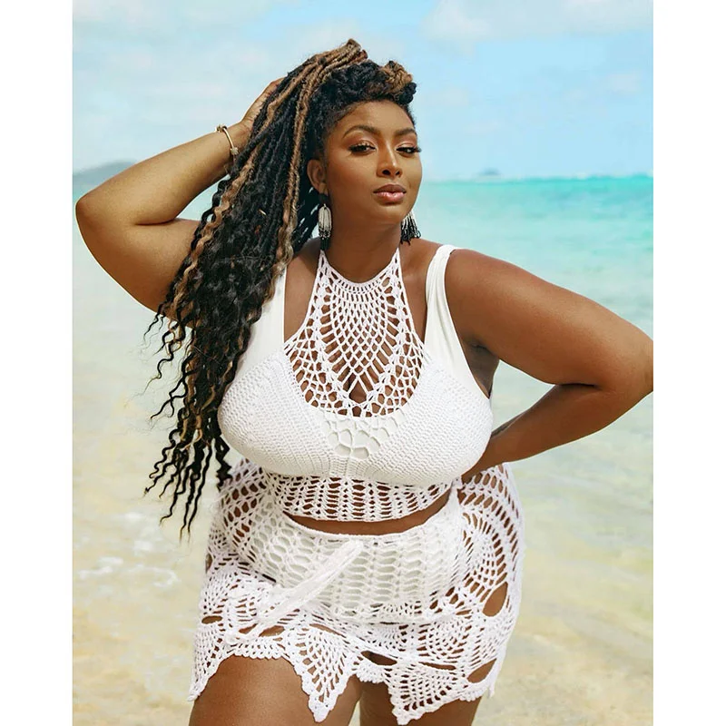 

Sexy Plus Size Cutout Crochet Bikini Set Split Swimsuit Beach Vacation Wear Summer Women's Clothing Backless Swimwear