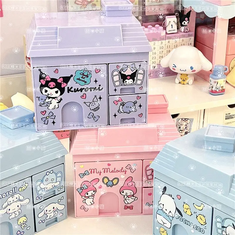 

Sanrio Kawaii Kuromi My Melody House Modeling Desktop Storage Cabinet Cute Cartoon Cinnamoroll Pochacco Children Gifts Kid Toys