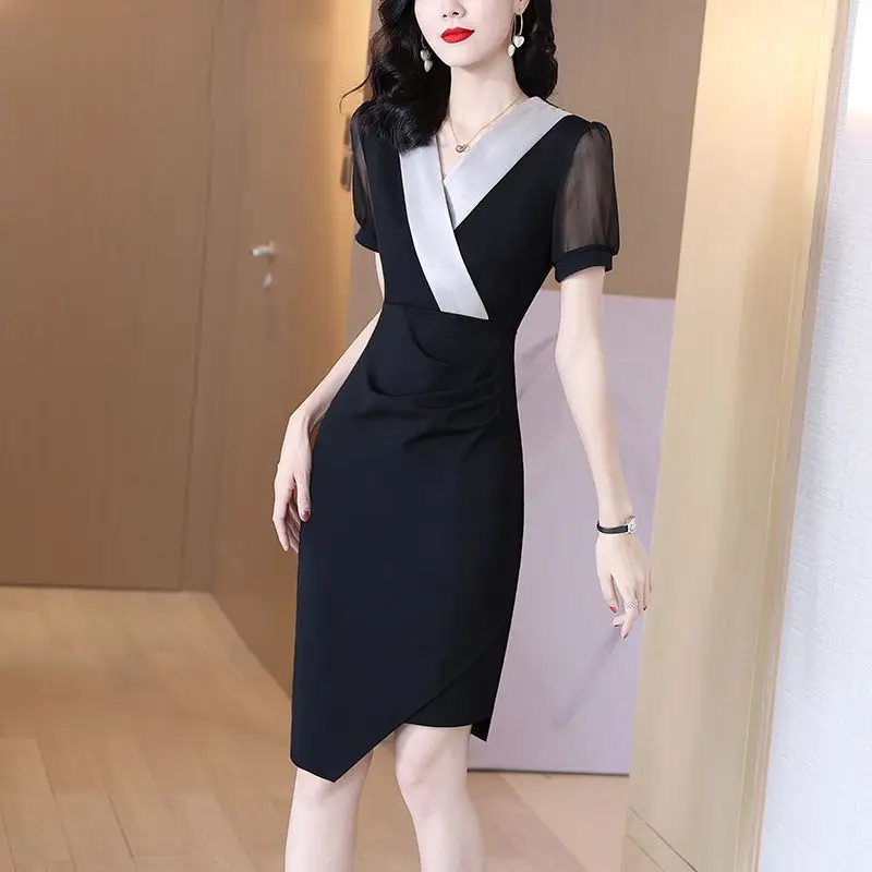 

Office Lady Fashion Contrast Color Dress Korean Clothing New High Waist Slim Elegant Women Summer Short Sleeve Casual Sundress