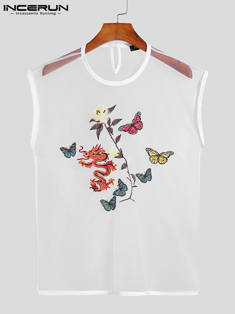 

Майка INCERUN Мужская сетчатая Прозрачная с вышивкой, пикантная уличная одежда с круглым вырезом, жилет без рукавов, вечерняя одежда для ночног...