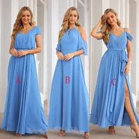 elegant blue chiffon long dress wedding simple bridesmaid vestido woman short sleeve summer beach wedding party guest dress