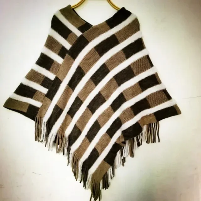 Осенне-зимняя шаль с кисточками теплый полосатый узор теплое пончо женские