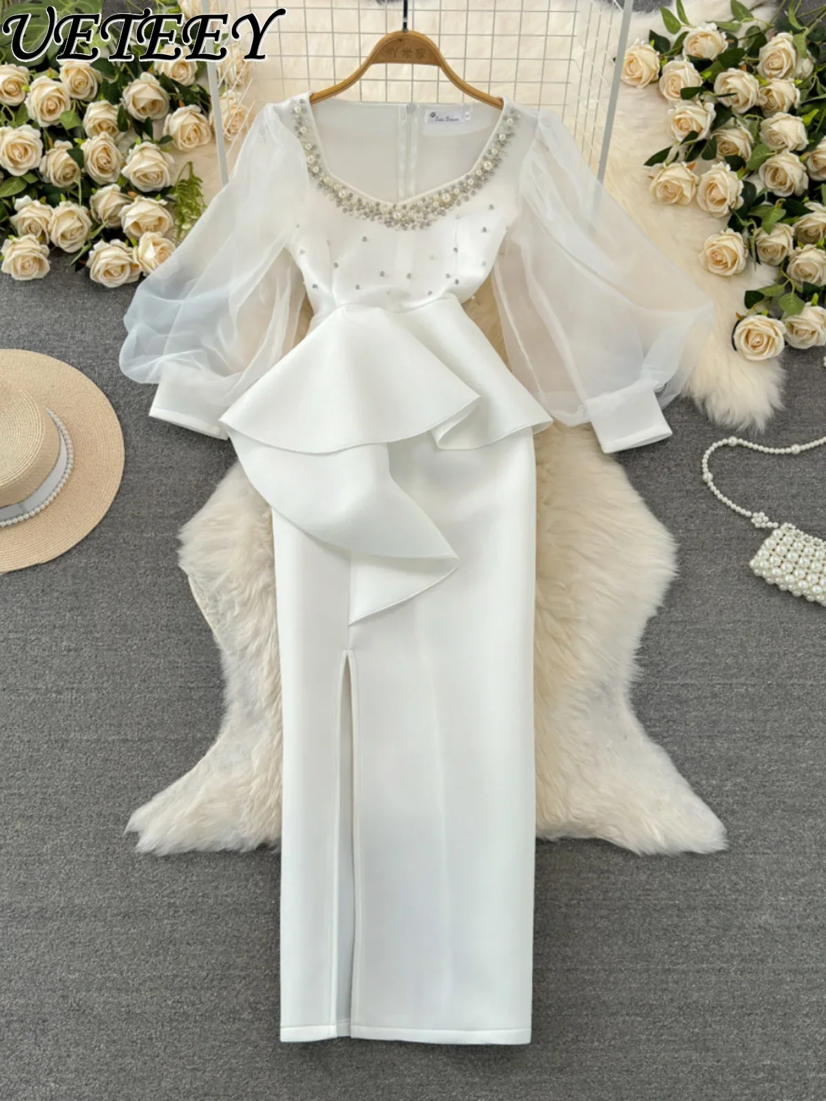 Элегантное женское платье-футляр макси с длинным рукавом-фонариком и квадратным