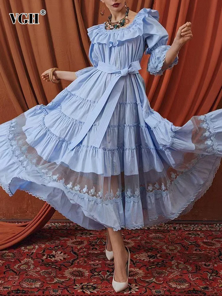 

VGH Summer Fashion Loose Long Dress Female Slash Neck Short Sleeve High Waist Lace Panel Midi Dresses For Woman Clothes New 2022