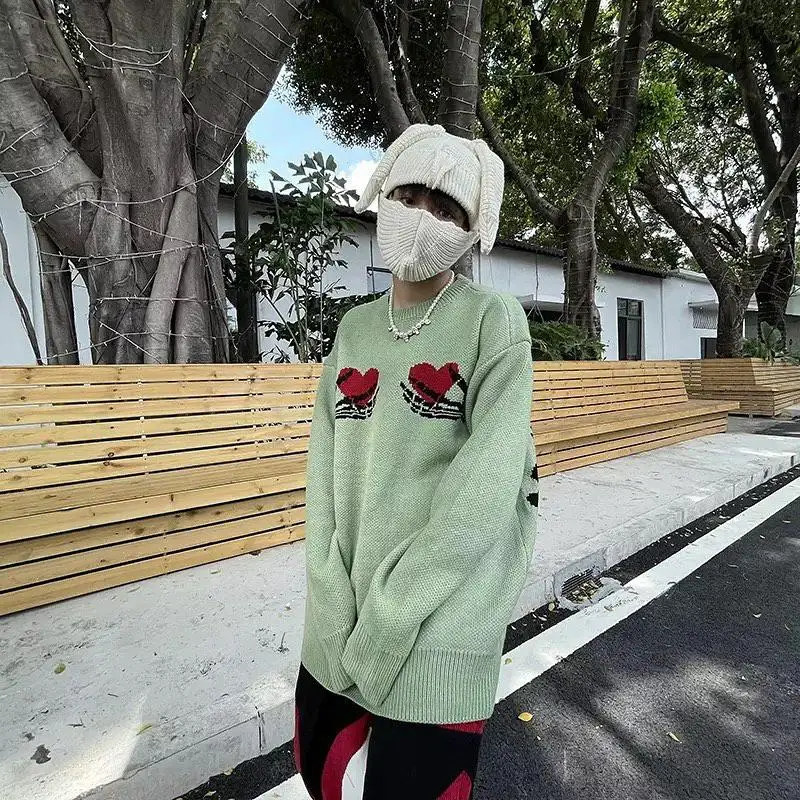 

Женский свитер оверсайз с принтом скелета, зеленый винтажный Свободный вязаный свитер из хлопка, пуловер унисекс для пар, осень 2022