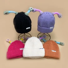 Funny Cartoon Eye Antennae Glow Little Monster Bucket Knitted Hats Men Women Warm Autumn and Winter New Versatile Soft Dopamine