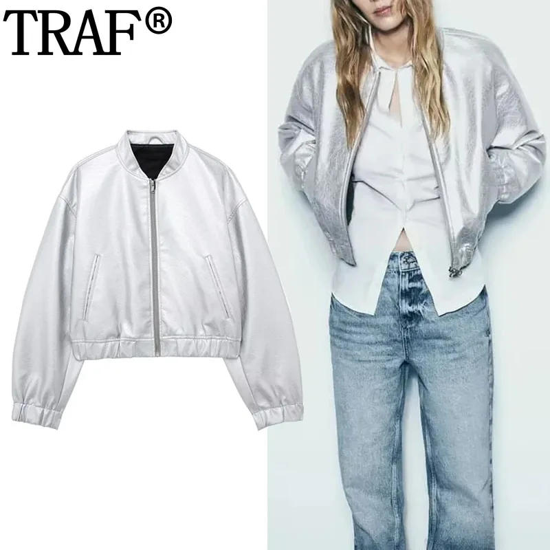 

TRAF Silver Bomber Jackets For Women Cropped Faux Leather Jackets Woman Zip Up Autumn Aviator Jackets Fashion Short Coats