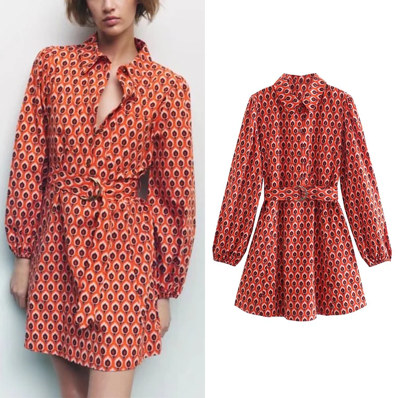 

Spring 2022 Women Print Short Version Dresses Turn Down Collar Long Sleeve Office Lady Dress Female Pocket Decoration Mini Dress