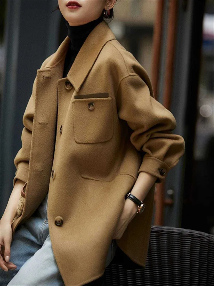 

Women's Elegant Woolen Coat Spring Autumn New Korean Fashion Single-Breasted Loose Female Wool Blende Outerwear Casaco Feminino