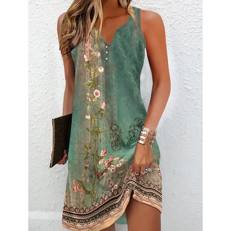 

Women's Dresses Summer Fashion Stitching V Neck Loose Bohemian Vacation Woman Basic Sleeveless Vestidos 2023 Y2k Vintage Clothes
