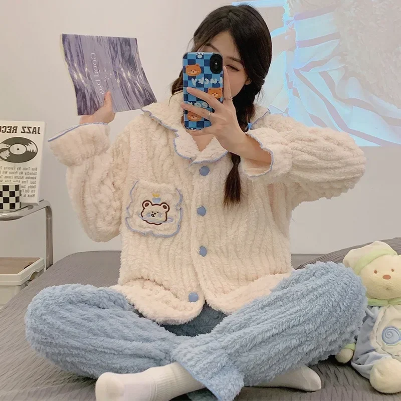 Теплая утепленная одежда для сна милых девочек топы с кукольным воротником брюки