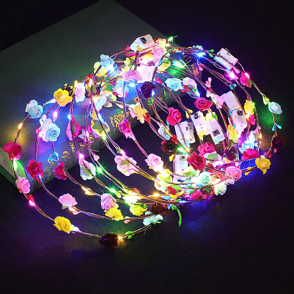 

20/10PCS Glowing Garland Wedding Party Crown Flower Headband LED Light Christmas Wreath Luminous Hair Garland Hairband