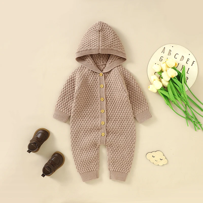 

Baby Rompers Clothes Autumn Winter Solid Long Sleeve Hooded Newborn Boys Girls Wram Knitted Jumpsuits Outfits One Piece Overalls