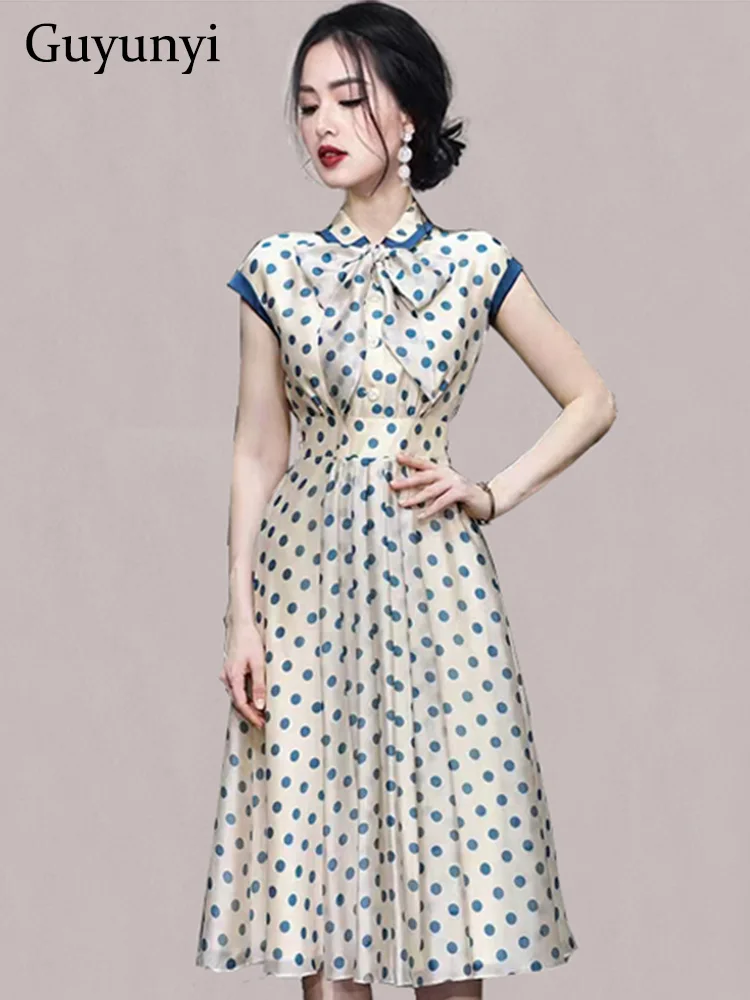 

Noble Vintage Dress Summer Fashion Mesh Blue Dots Tie A Bow At The Neckline Raglan Sleeve High Waist Line Elegant Party Dress