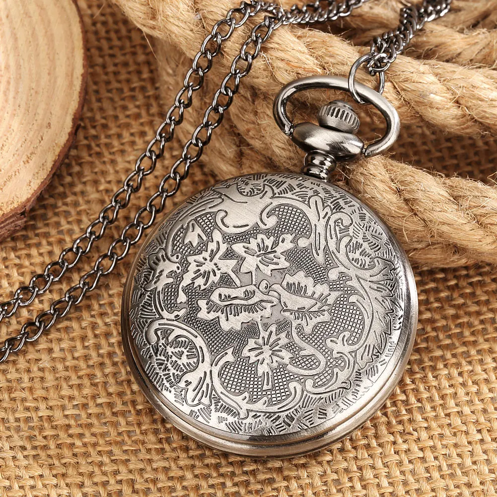 Pocket Watch Necklace Bat Engraved Wood Decorative Pendant Quartz Fob Watch for Men Women Creative Clock Gifts Relógio De Bolso