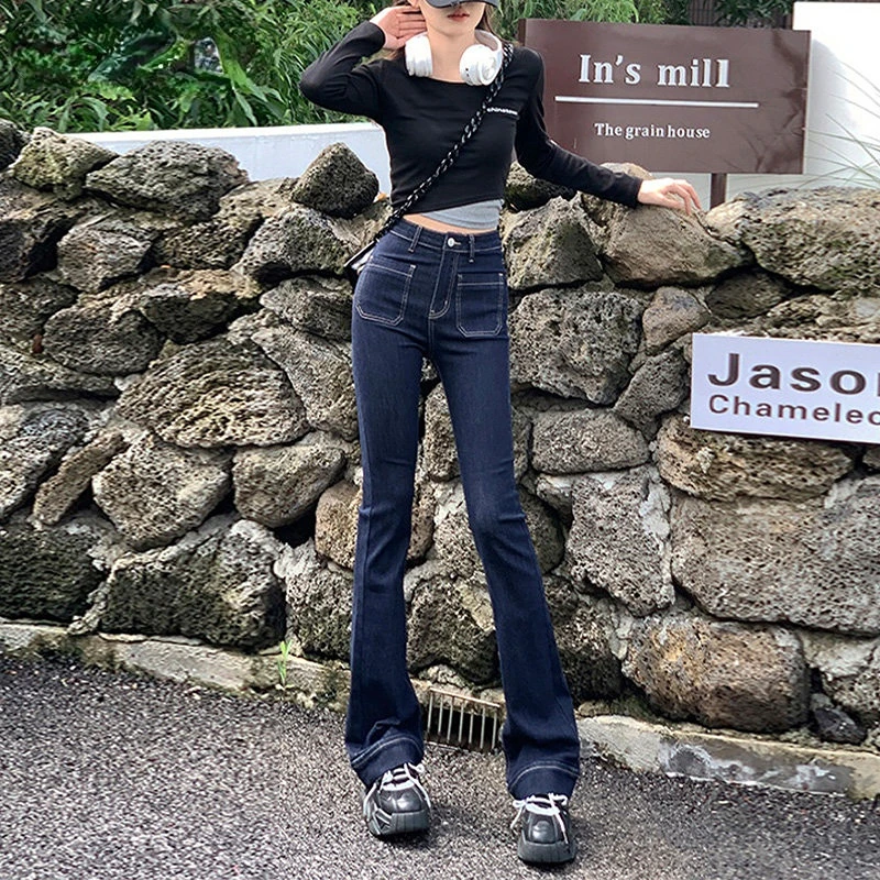 

Женские джинсы Y2K с высокой талией, прямые расклешенные джинсы с микро-карманами, свободная уличная одежда, одежда для женщин