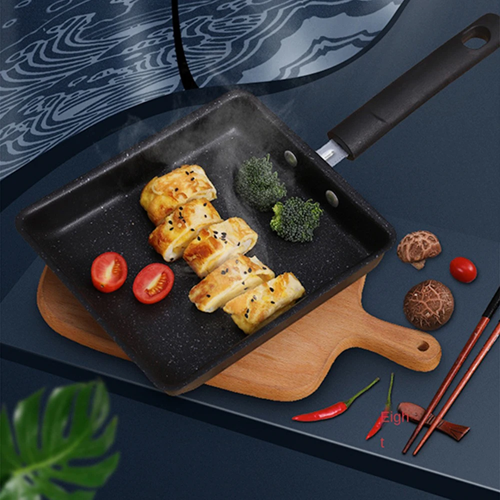 

Breakfast Make Frying Pan Cooking Solid Wood Handle Fry Egg Pan Black Square Pan Household Tools Japanese Style Non-stick Pan