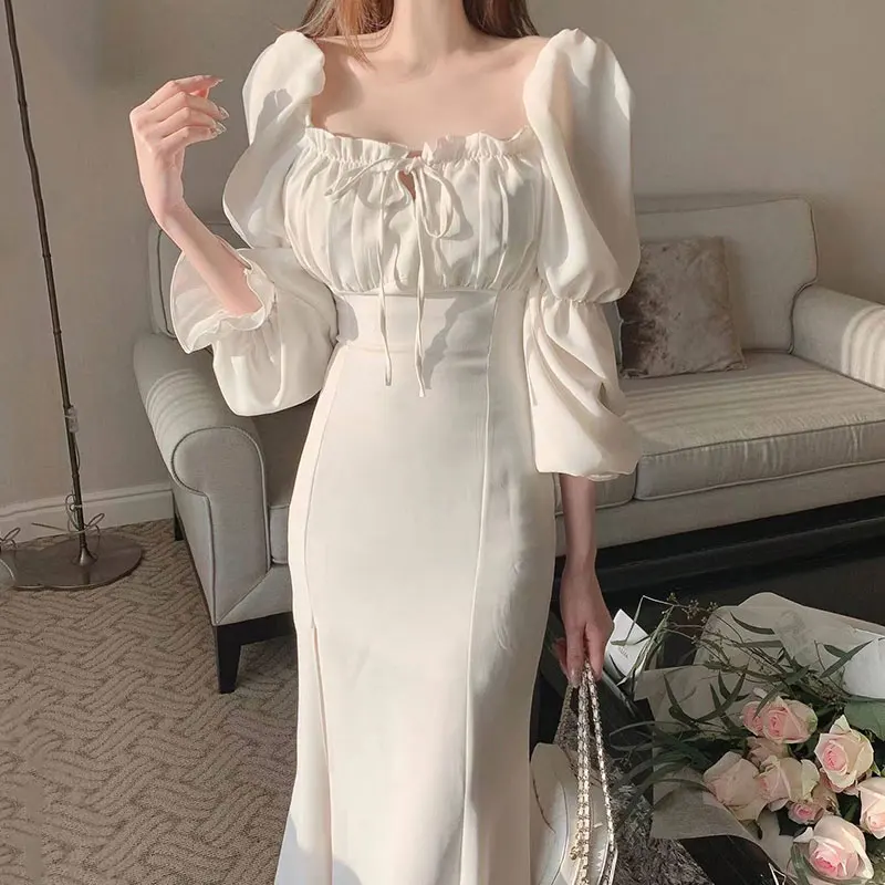 

White Chic Dress for Women Puff Sleeve 2023 Summer Square Neck Vestido Lady Clothing High Waisted Streetwear Party Bodycon