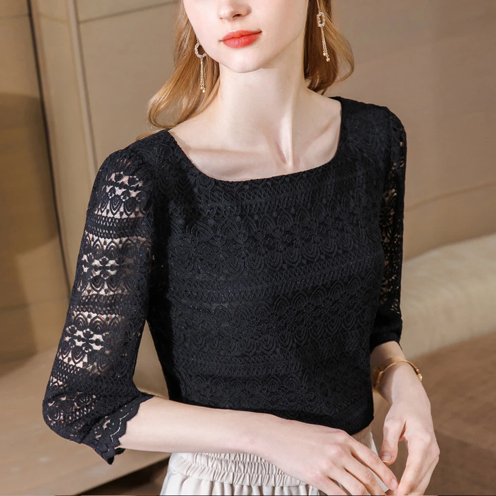 

Women S-3XL New Transparent Lace Blouse Spring Summer Y2k Cute Sweet T Shirt Women Retro Short Sleeve Lace Tee Korean T-shirt