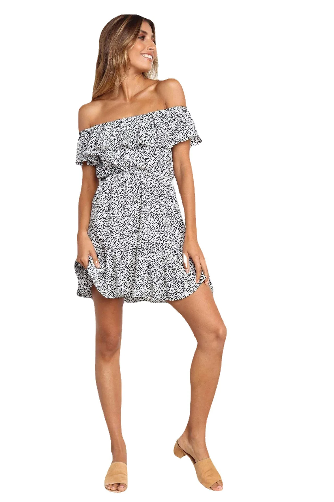 

Elegant Ladies Floral Print Dress 2022 Fashion Sexy One-Line Slash Neck Two-Wear Ruffle Short Sleeve Dress Women's Short Skirt