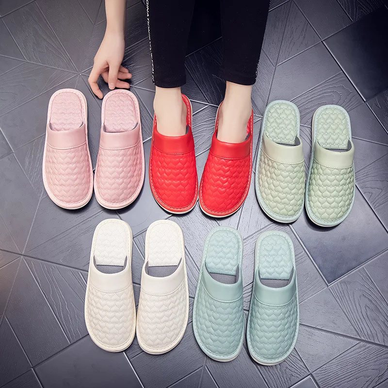 Leather Waterproof Slippers Women Men Spring Summer Home Floor Slides Women Soft Sole Non-Slip Indoor Slipper Couple Shoes