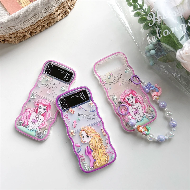 

Disney Pink Kawaii Mermaid Rapunzel Phone Case For Samsung Galaxy Z Flip 3 4 5G ZFlip3 ZFlip4 Flip3 Flip4 Transparent Cover