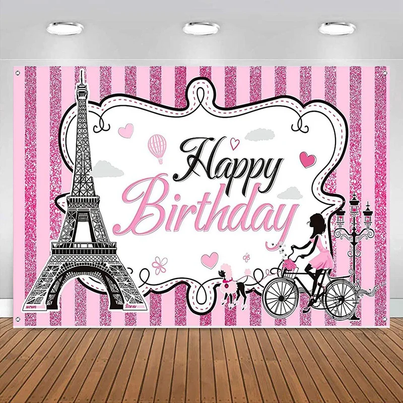 

Paris Happy Birthday Backdrop Eiffel Tower Photography Background Decorations Sweet Pink Stripes Girl Supplies Party Decorations