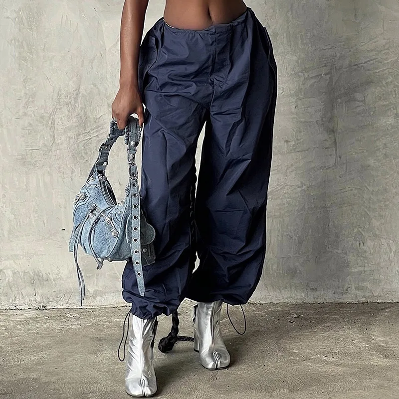 Latest Design Trendy Summer Girls Oversized Low Waist Plain Drawstring Loose Cargo Joggers Pants Women Hip Hop Streetwear Outfit