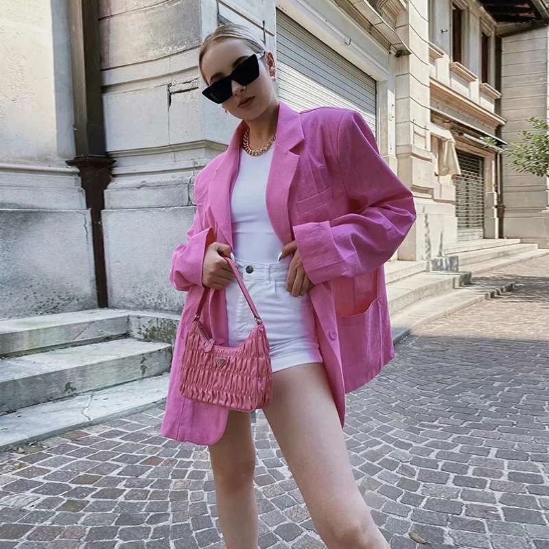 Casual Pink Loose Blazers Office Lady Long Sleeve Oversize Coat Women Notched Single Breasted Pocket Coats 2021 New Fashion Suit