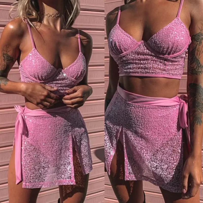 

2PCS Women Mesh Dress Summer Sexy Crop Top Bra Bodycon Mini Split Skirt Set