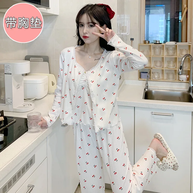 Spring and summer new three-piece set 6535 cotton belt chest pad removable vest + dressing gown + trousers women's pajamas