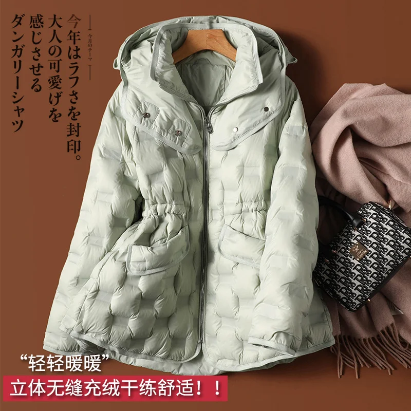 Luxury Design Hooded Thin Hooded Jacket Women 90% White Duck Down  Zipper  Slim  Spliced Coats for Winter for Women