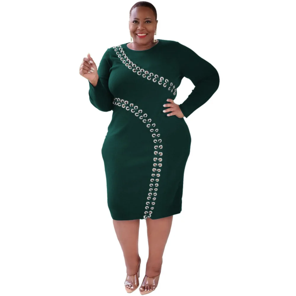 

Big Beautiful Women Elegant Pencil Dress Long Sleeve Female Robe Eyelet Lace Up Girl's Vestidos Lady's Plus Size Dresses