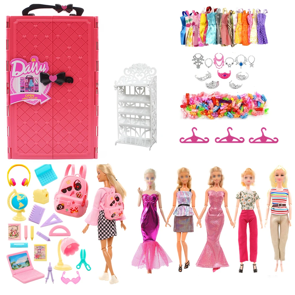 

64 items Fashion Closet for Barbie Wardrobe Dollhouse Furniture with Accessories Clothes Dressing Game Birthday Gift Kids Toys