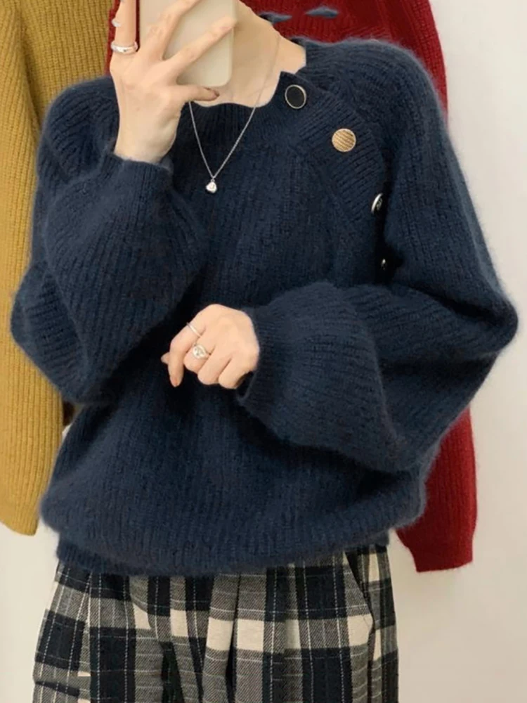 AOSSVIAO 2024 женский модный с ребристой отделкой Свободный вязаный свитер винтажные