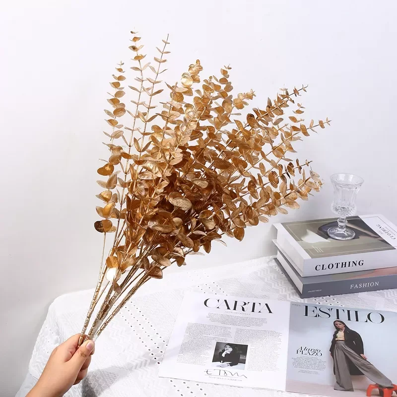 

1PC Gold Artificial Plants Holly Ginkgo Eucalyptus Leaf Fake Flowers Wedding Decorations Home Room Table Decor New Year 2022