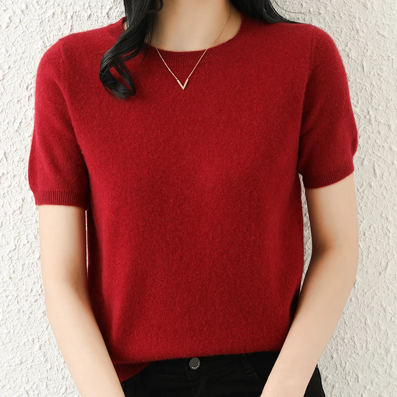 

Spring Autumn Women Sweater Round Collar Baisc Style Short Sleeve Vest Female Pullover 100% Wool Knitted Tops Jumper Clothing