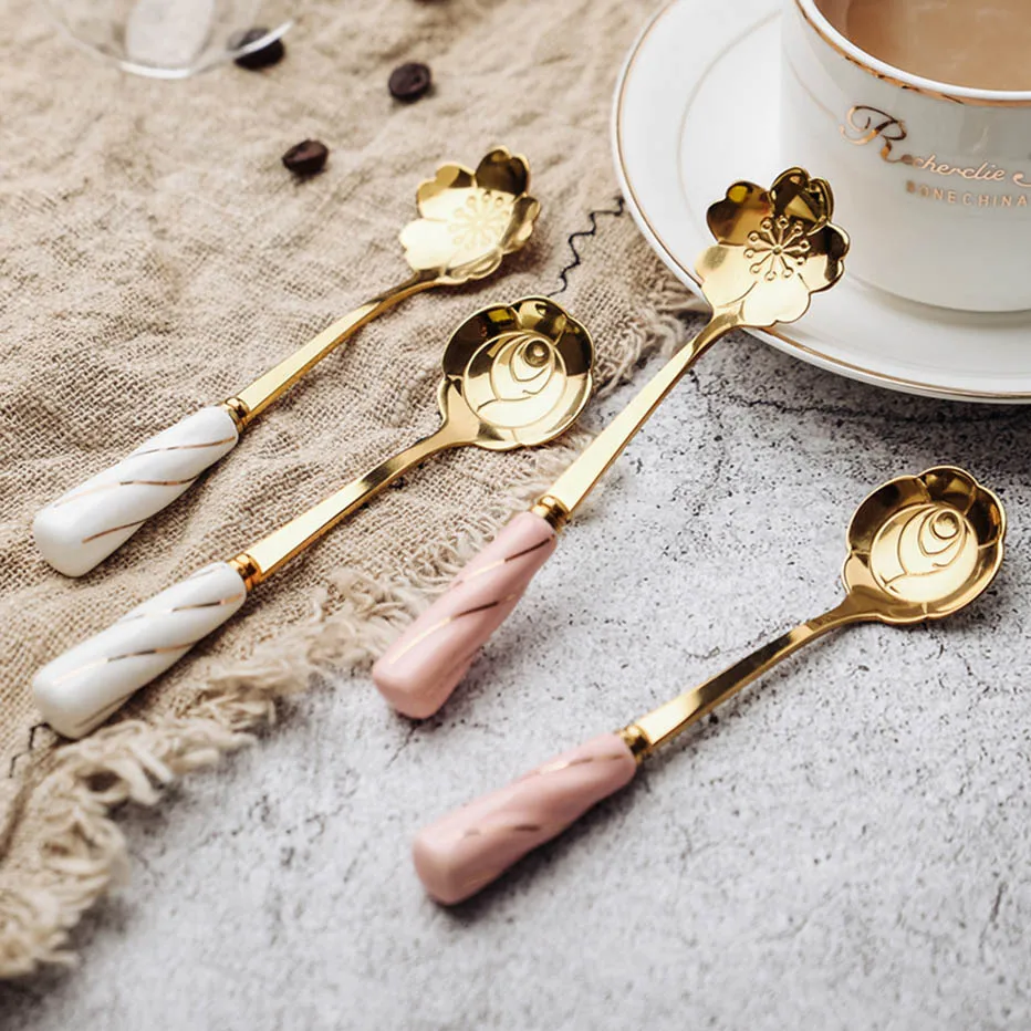 

1pc Stainless Steel Flower Spoon Ceramic Handle Scoop Mixing Teaspoon Elegant Coffee Dessert Spoons European Style