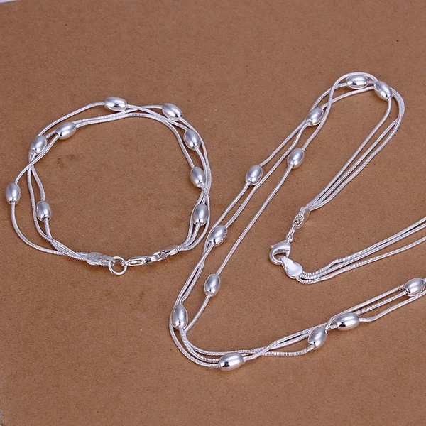 

Silver color high-quality retro exquisite for women lady wedding chain bead necklace bracelets fashion , jewelry Set